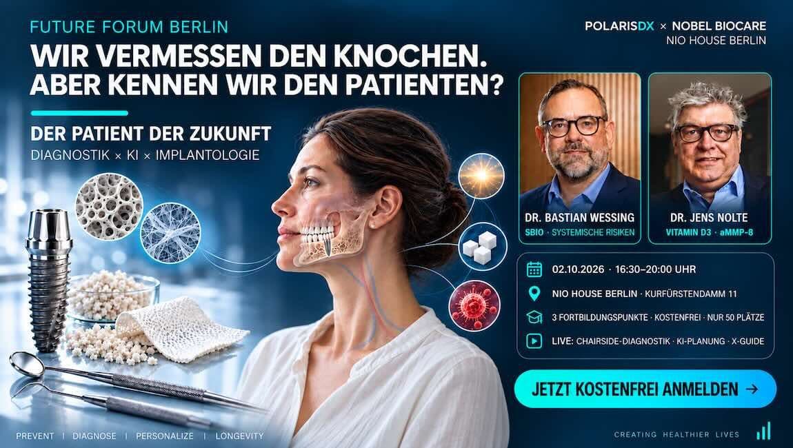 Veranstaltungsgrafik zum Future Forum Berlin: Frau im Profil mit eingeblendetem Kieferknochen und Implantat, daneben ein Dentalimplantat, Knochenersatzmaterial, eine Membran und zahnärztliche Instrumente. Rechts Porträts von Dr. Bastian Wessing und Dr. Jens Nolte sowie Termin, Ort und Anmeldebutton.